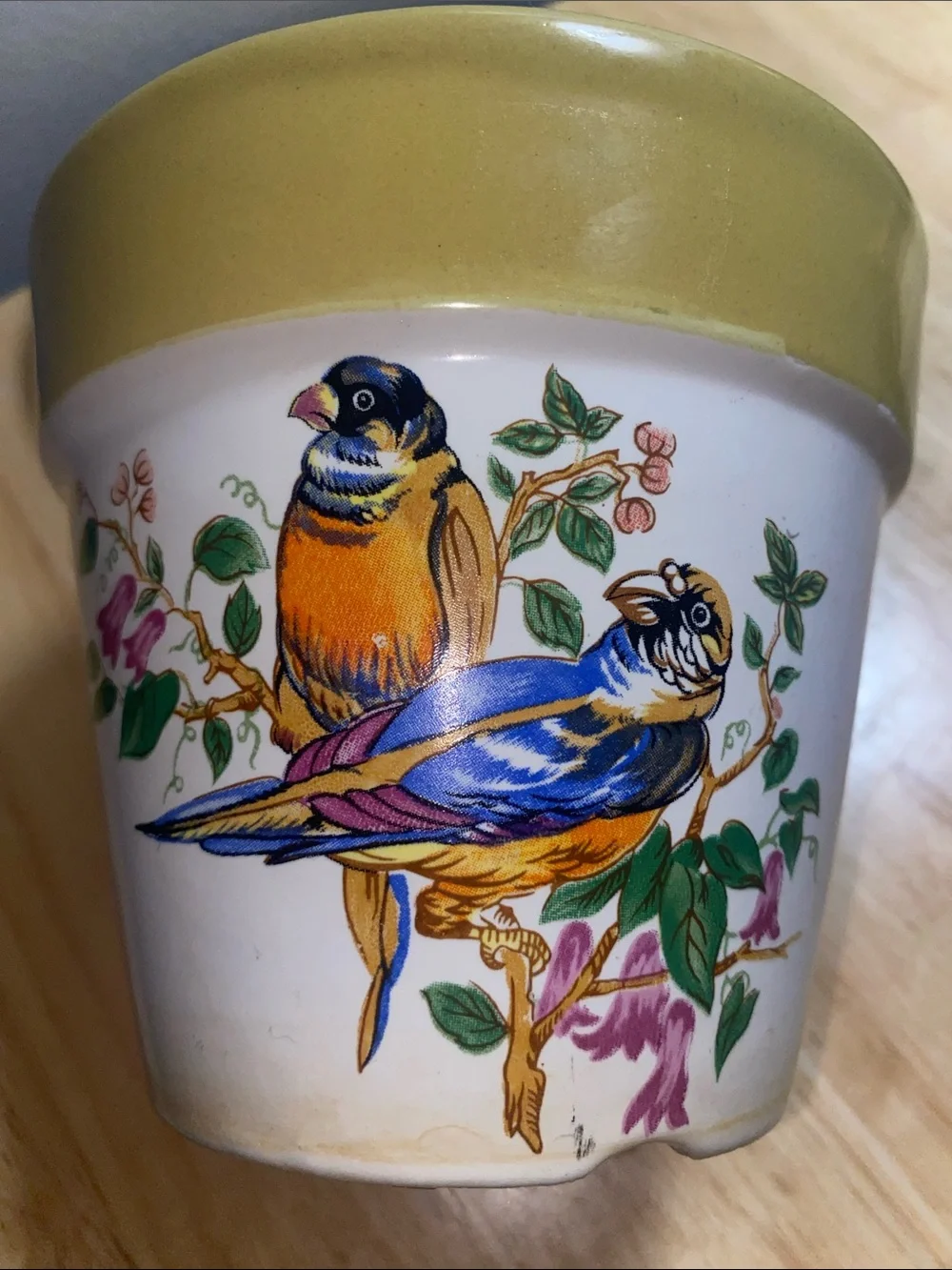 VTG Stoneware Flower Pot with Bird Motif - Yellow Trim, made in Korea